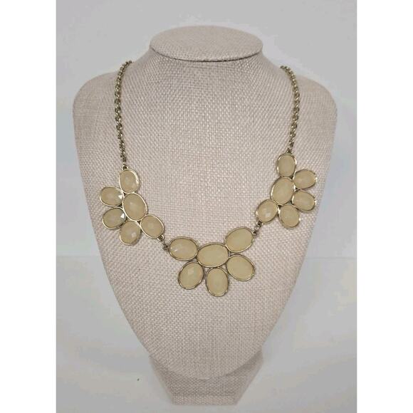 J.Crew Gold Tone Statement Necklace Cream Bead Flower Design – Adjustable Chain - Picture 1 of 5